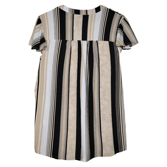NWT Cocomo Plus Size 1X Beige Multi Color Stripe Print Short Flutter Sleeve Top - Picture 2 of 7